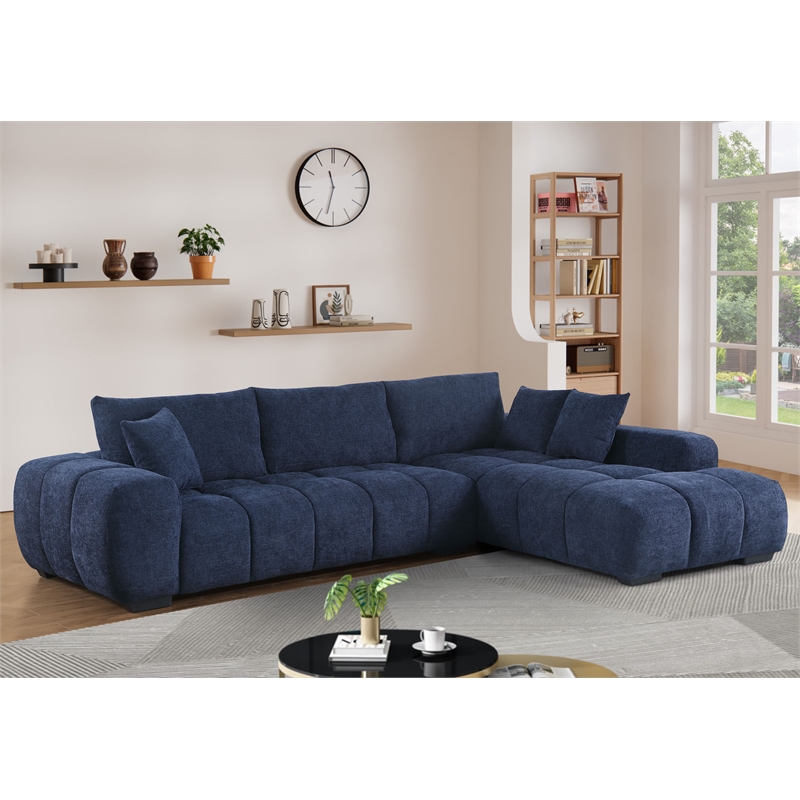 Pemberly Row Blue Modular Couch w/ Chaise Chenille Deep Sectionals w/ Large Seat