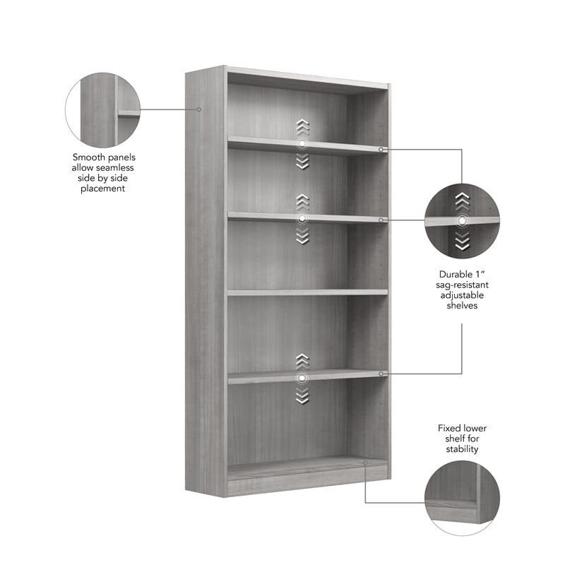 Pemberly Row Universal Tall 5 Shelf Bookcase in Platinum Gray - Engineered Wood
