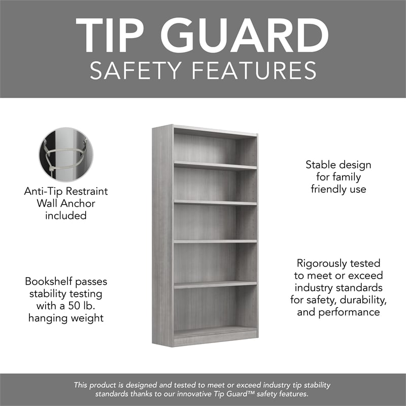 Pemberly Row Universal Tall 5 Shelf Bookcase in Platinum Gray - Engineered Wood