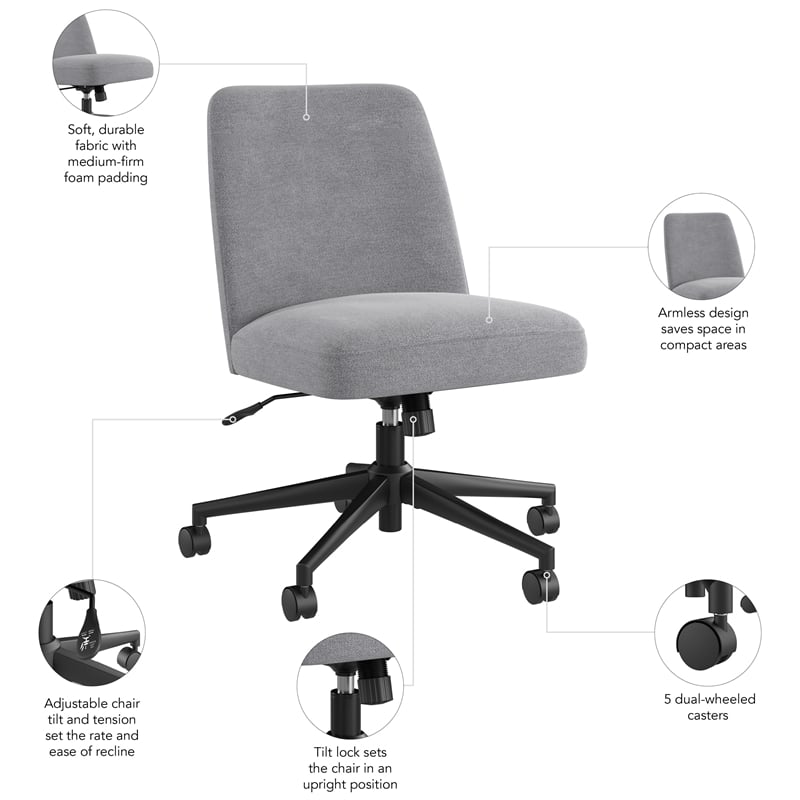 Pemberly Row Mid Back Armless Office Chair with Wheels in Cool Gray Fabric