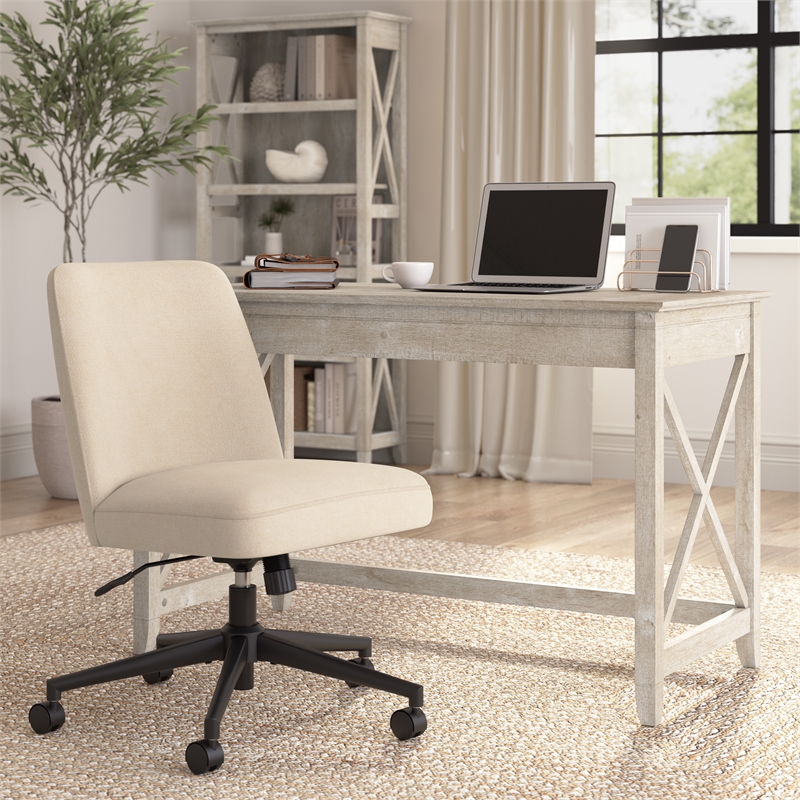 Pemberly Row Mid Back Armless Office Chair with Wheels in Soft Beige Fabric