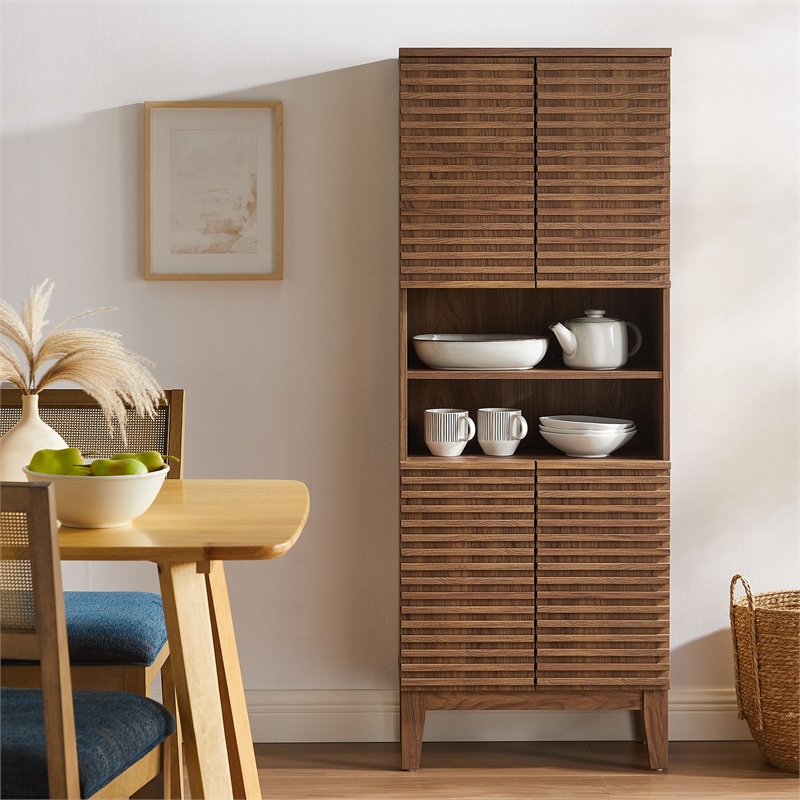 Pemberly Row Contemporary Tall Bathroom Storage Cabinet in Walnut