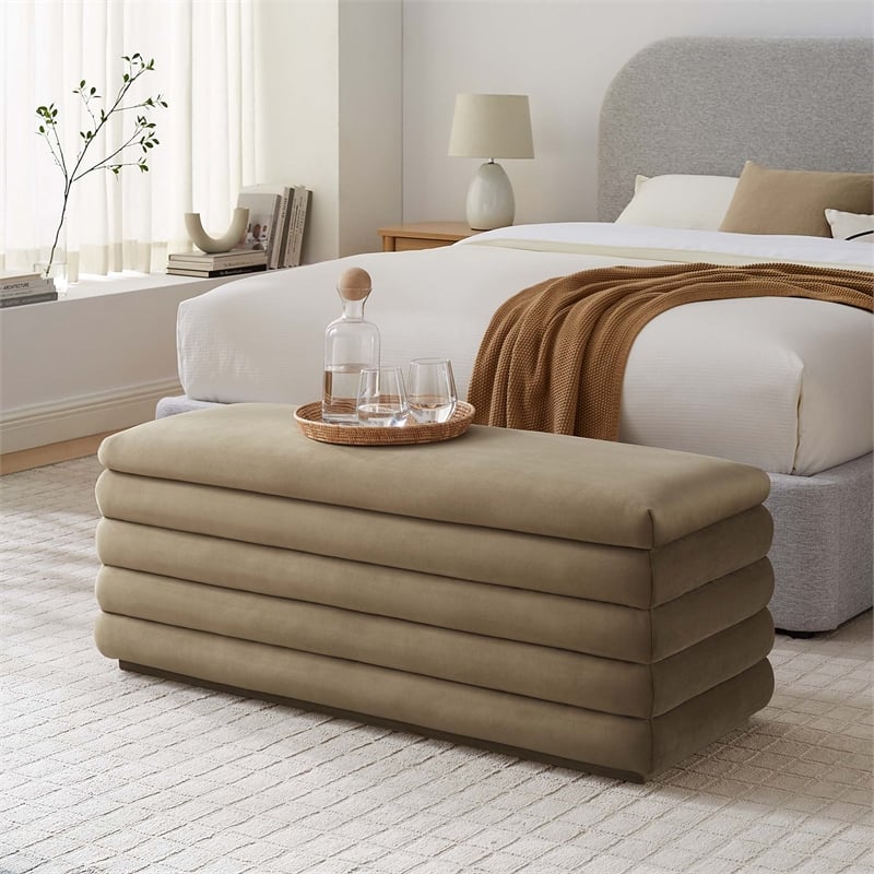 Pemberly Row Upholstered Performance Velvet Storage Bench in Taupe
