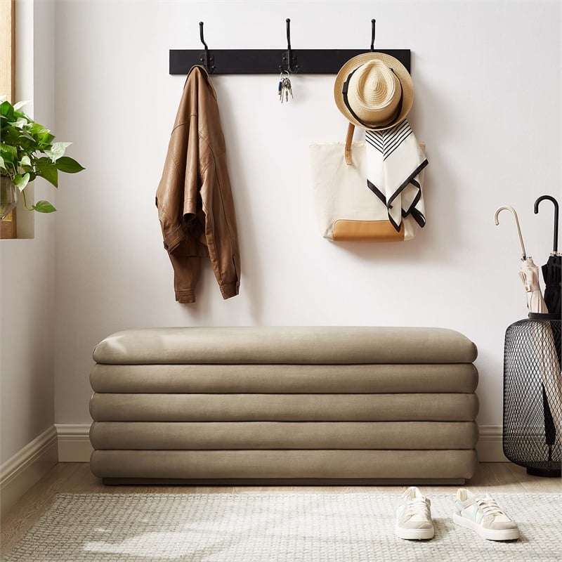 Pemberly Row Upholstered Performance Velvet Storage Bench in Taupe