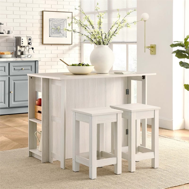 Pemberly Row 3-Piece Kitchen Island and Stool Set in White Maple
