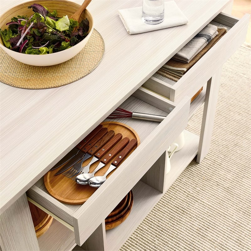 Pemberly Row 3-Piece Kitchen Island and Stool Set in White Maple