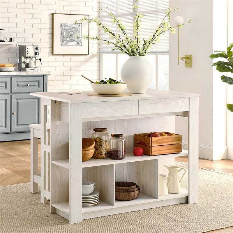 Pemberly Row 3-Piece Kitchen Island and Stool Set in White Maple
