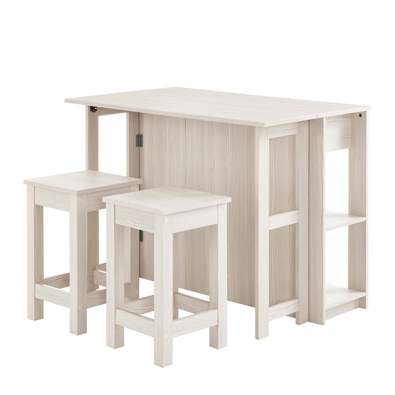 Pemberly Row 3-Piece Kitchen Island and Stool Set in White Maple