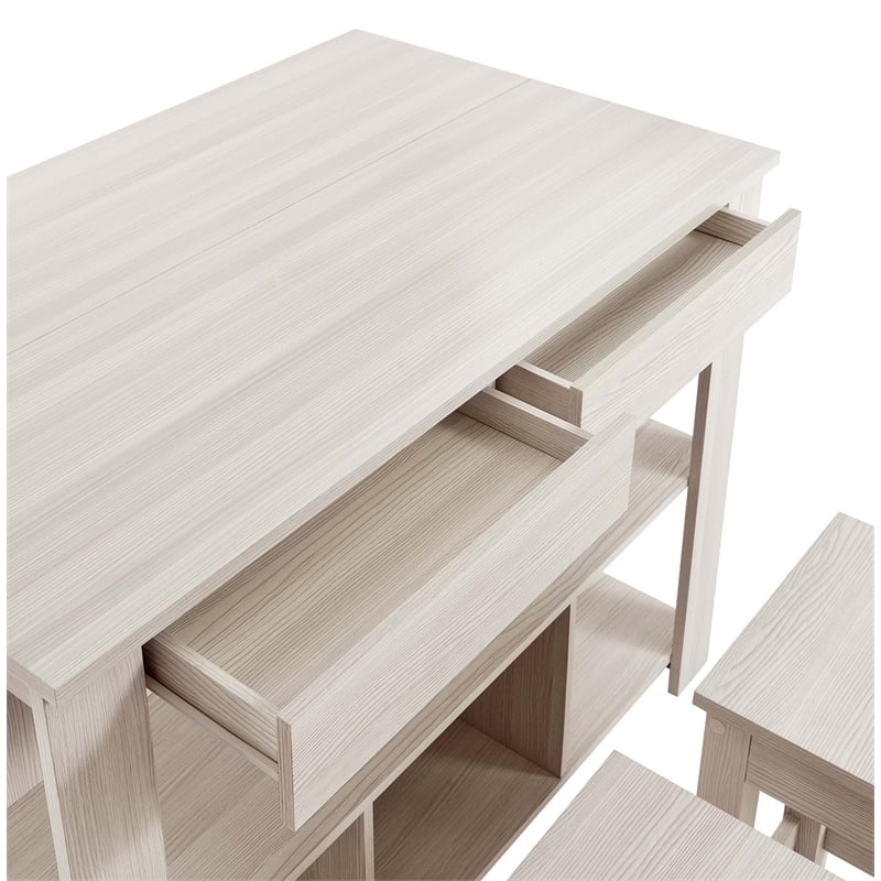 Pemberly Row 3-Piece Kitchen Island and Stool Set in White Maple