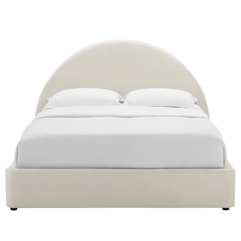 Pemberly Row Performance Velvet Arched Round Full Platform Bed in Alabaster