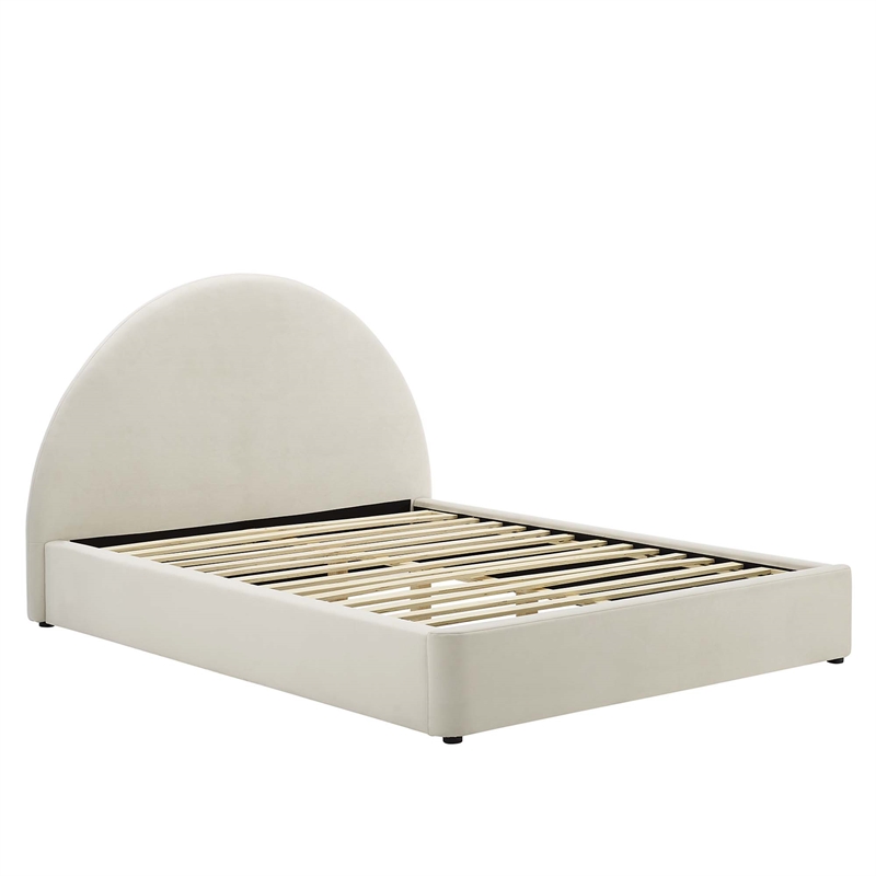 Pemberly Row Performance Velvet Arched Round Queen Platform Bed in Alabaster