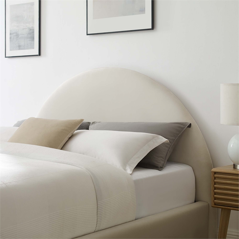 Pemberly Row Performance Velvet Arched Round Queen Platform Bed in Alabaster