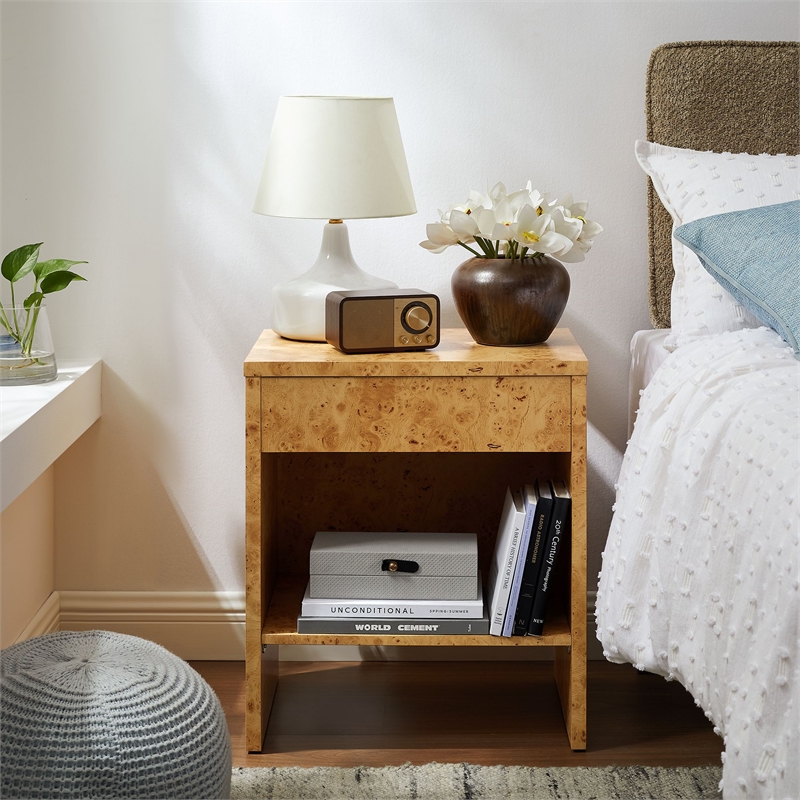 Pemberly Row Modern 1-Drawer Burl Wood Nightstand With Shelf
