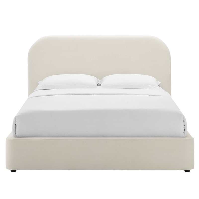 Pemberly Row Performance Velvet Curved Queen Platform Bed in Alabaster