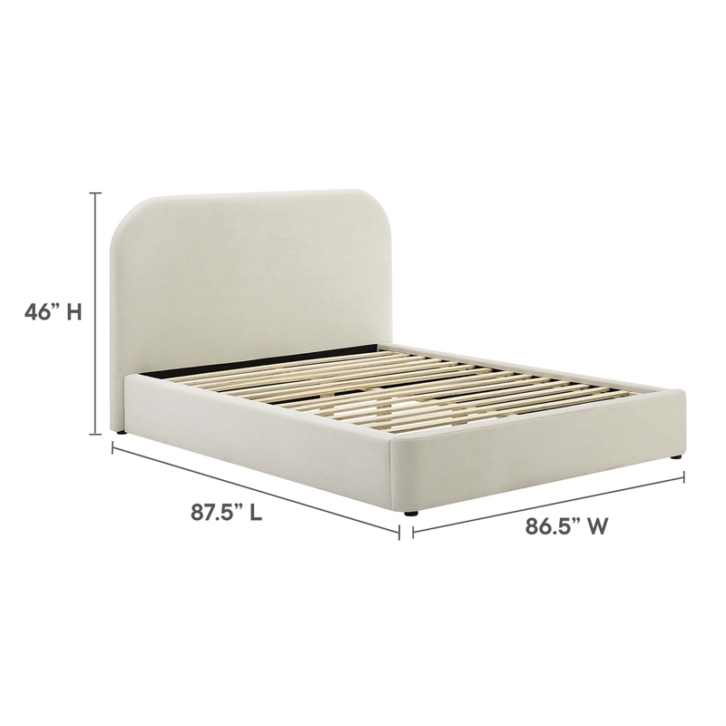 Pemberly Row Performance Velvet Curved King Platform Bed in Alabaster