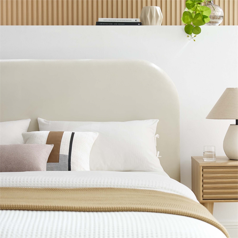 Pemberly Row Performance Velvet Curved King Platform Bed in Alabaster