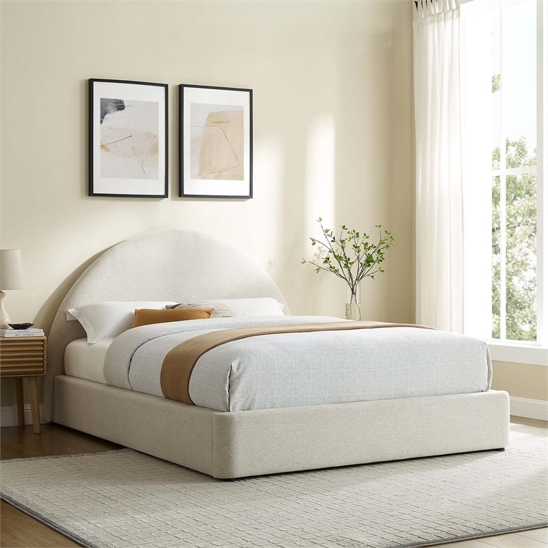 Pemberly Row Arched Round King Platform Bed in Heathered Weave Ivory