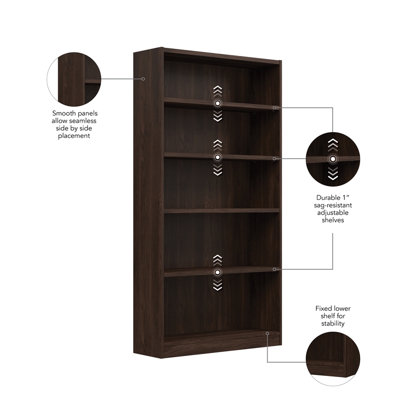 Pemberly Row Universal Tall 5 Shelf Bookcase in Black Walnut - Engineered Wood