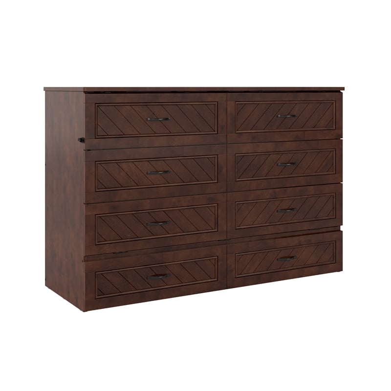 Pemberly Row Queen Wood Murphy Bed Chest w/ Mattress & Built-in Charger - Walnut