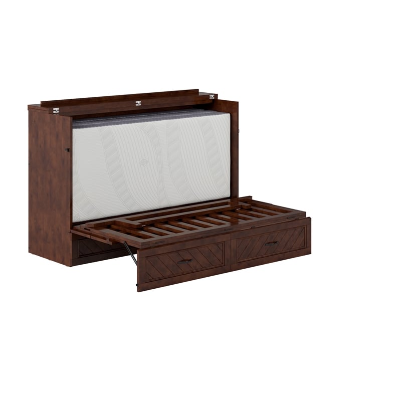 Pemberly Row Queen Wood Murphy Bed Chest w/ Mattress & Built-in Charger - Walnut