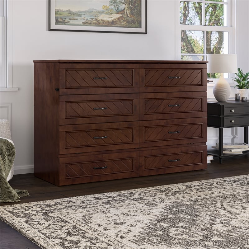 Pemberly Row Queen Wood Murphy Bed Chest w/ Mattress & Built-in Charger - Walnut