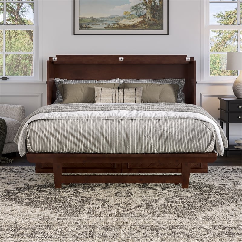 Pemberly Row Queen Wood Murphy Bed Chest w/ Mattress & Built-in Charger - Walnut