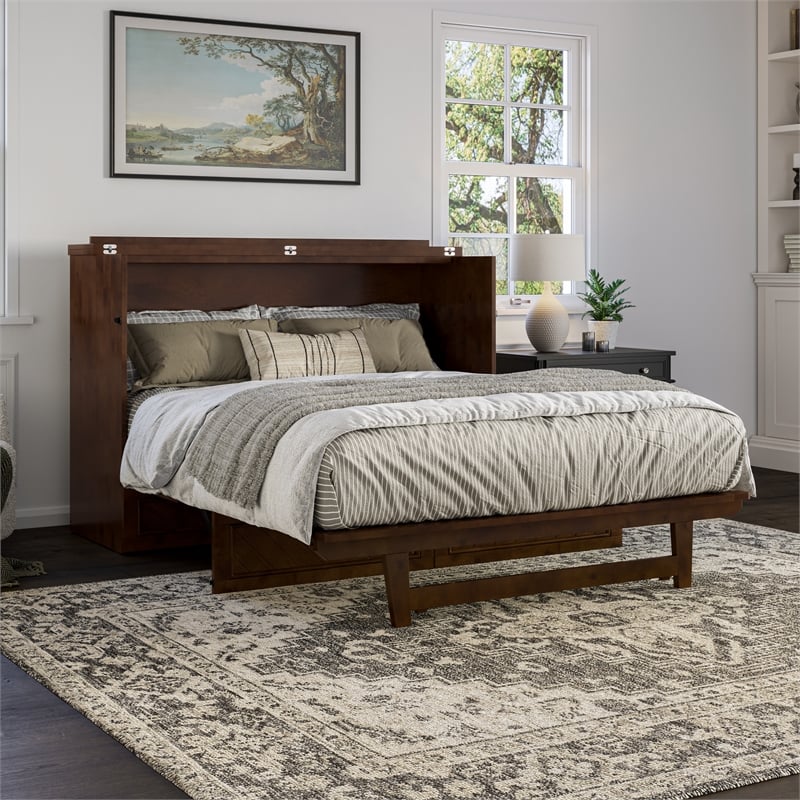 Pemberly Row Queen Wood Murphy Bed Chest w/ Mattress & Built-in Charger - Walnut