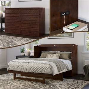 Pemberly Row Queen Wood Murphy Bed Chest w/ Mattress & Built-in Charger - Walnut