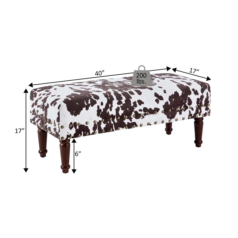 Pemberly Row Cow Print Bench with Nailheads in Brown and White Fabric