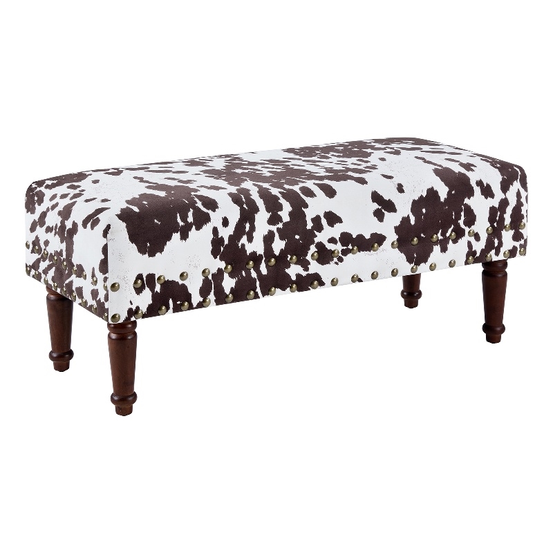 Pemberly Row Cow Print Bench with Nailheads in Brown and White Fabric