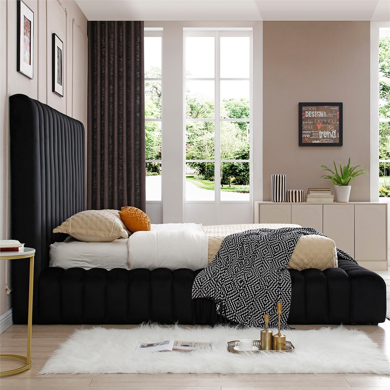 Pemberly Row Modern Velvet Upholstered Queen Platform Bed in Black