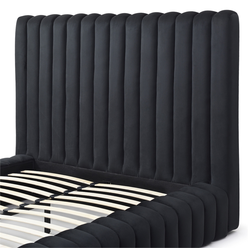 Pemberly Row Modern Velvet Upholstered Queen Platform Bed in Black