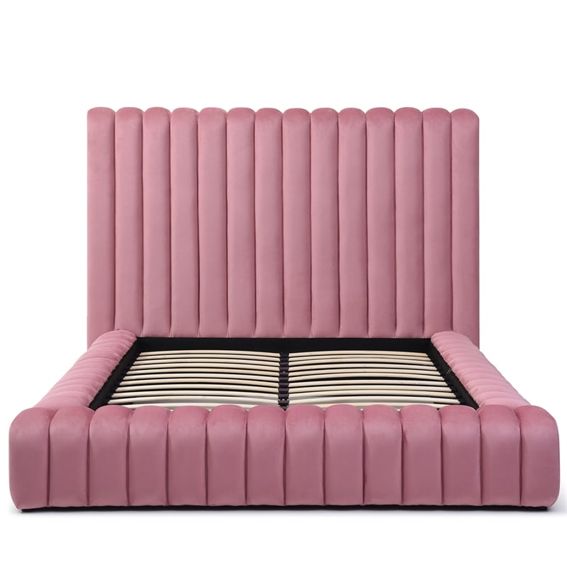 Pemberly Row Modern Velvet Upholstered Queen Platform Bed in Pink