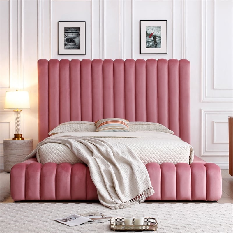 Pemberly Row Modern Velvet Upholstered Queen Platform Bed in Pink