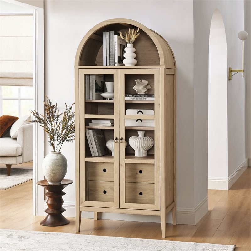 Pemberly Row Modern Arched Storage Display Cabinet in Light Oak