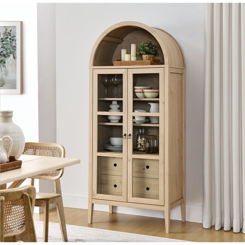 Pemberly Row Modern Arched Storage Display Cabinet in Light Oak