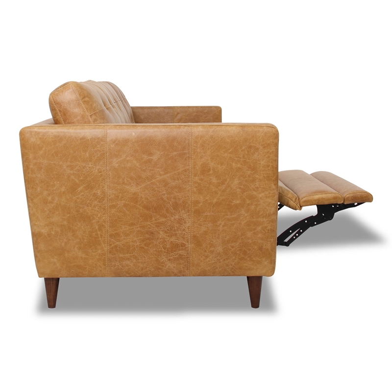 Pemberly Row Mid-Century Genuine Leather Left-Facing Power Inclining Sofa in Tan