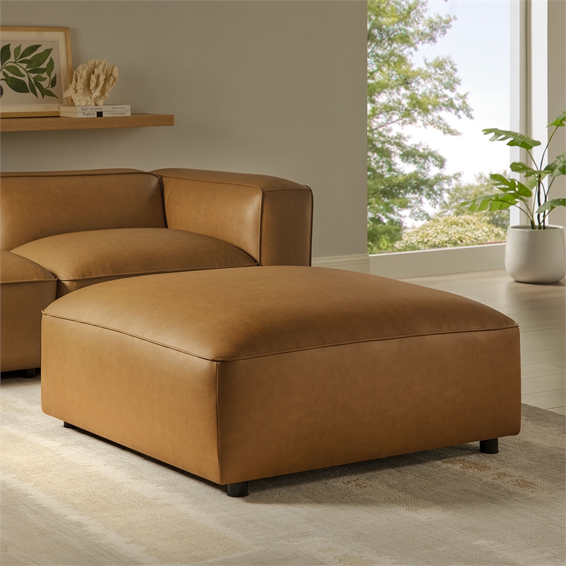 Pemberly Row Modern Upholstered Vegan Leather Ottoman in Camel
