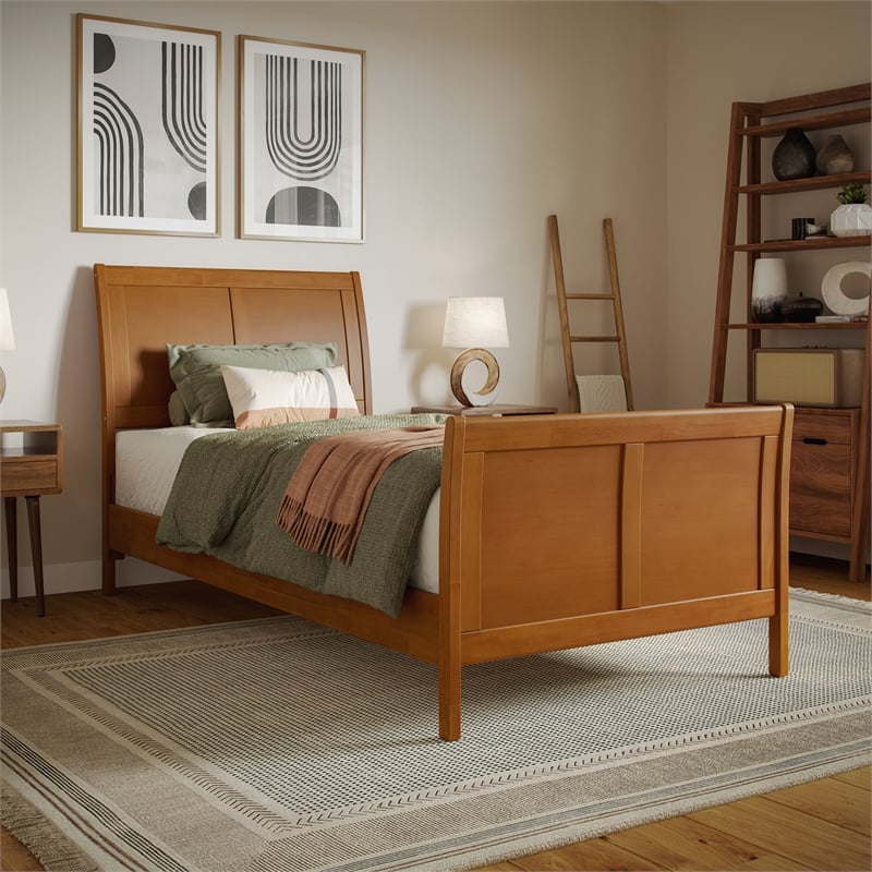 Pemberly Row Valencia Twin XL Low Wood Platform Bed  in Light Toffee