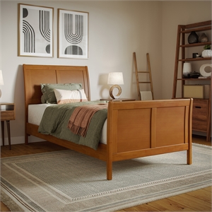 Pemberly Row Valencia Twin XL Low Wood Platform Bed  in Light Toffee