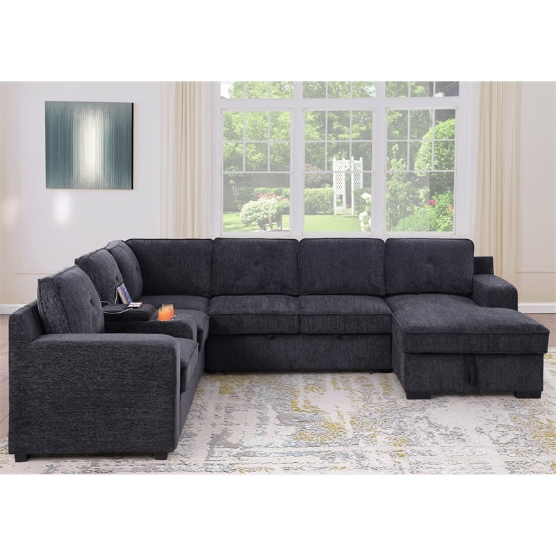 Pemberly Row Chenille Sofa Pullout Sofabed 7 Seater Sectional Couch-Dark Gray