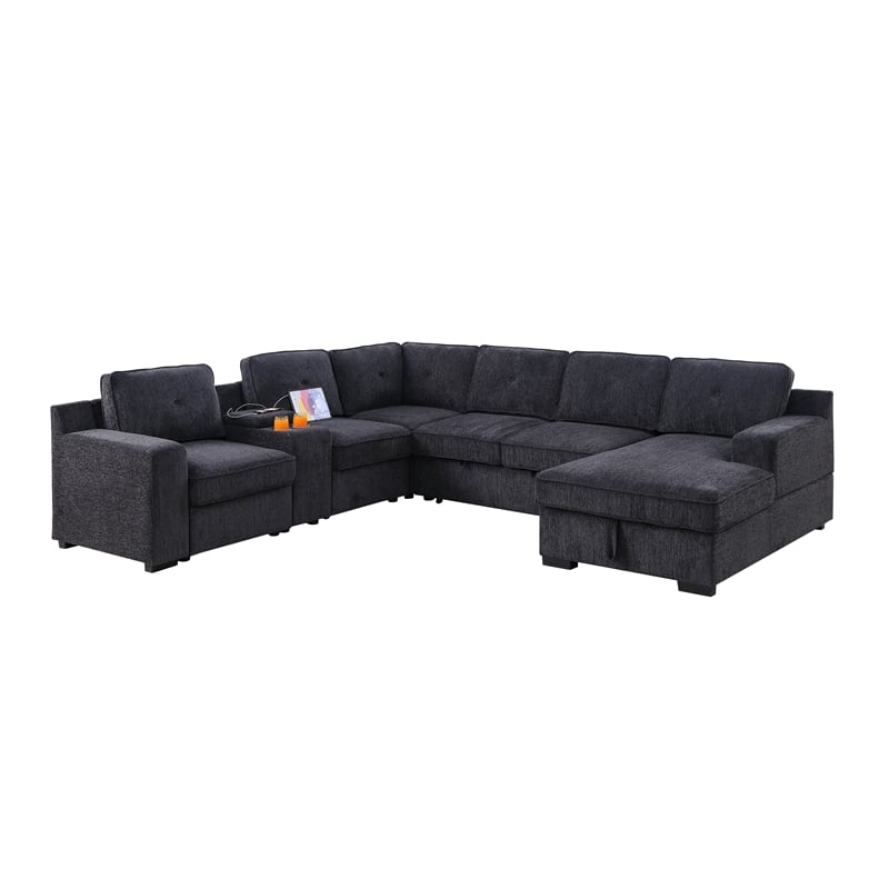 Pemberly Row Chenille Sofa Pullout Sofabed 7 Seater Sectional Couch-Dark Gray