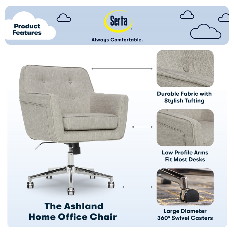 Pemberly Row Home Office Desk Chair Memory Foam Cushion Light Gray Twill Fabric