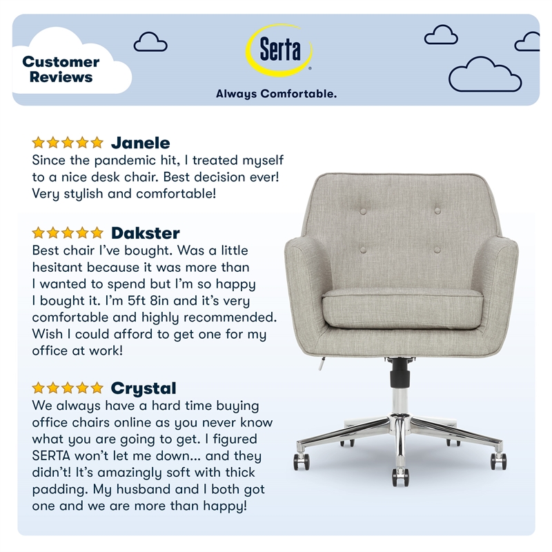 Pemberly Row Home Office Desk Chair Memory Foam Cushion Light Gray Twill Fabric