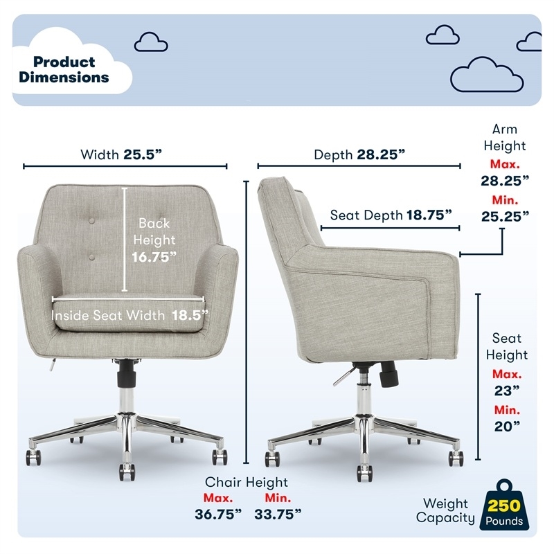 Pemberly Row Home Office Desk Chair Memory Foam Cushion Light Gray Twill Fabric