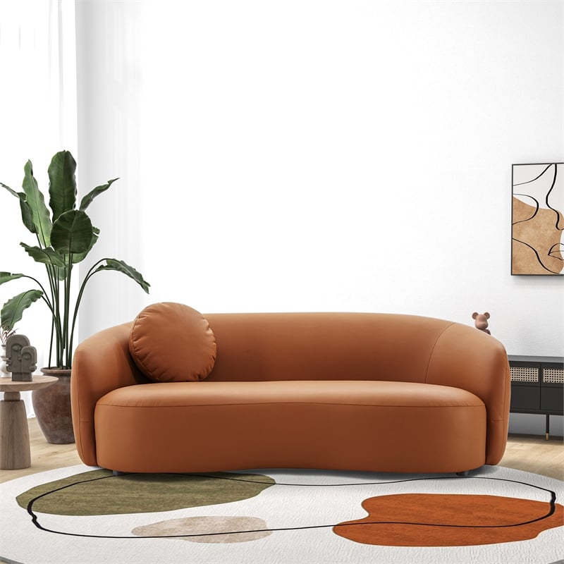 Pemberly Row Mid-Century Living Room Soft Leather Curvy Sofa in Cognac Tan