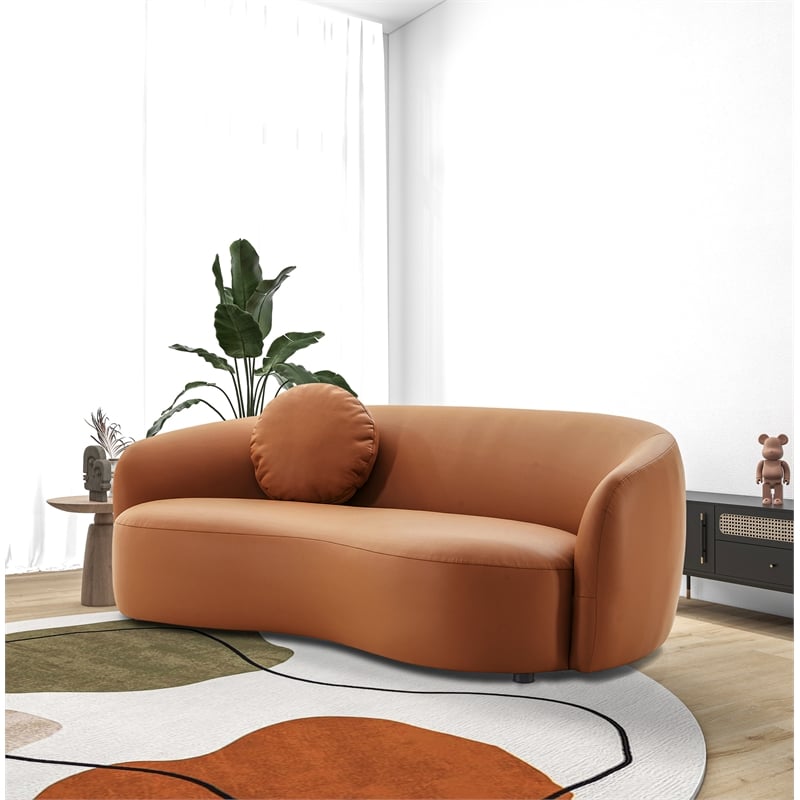 Pemberly Row Mid-Century Living Room Soft Leather Curvy Sofa in Cognac Tan