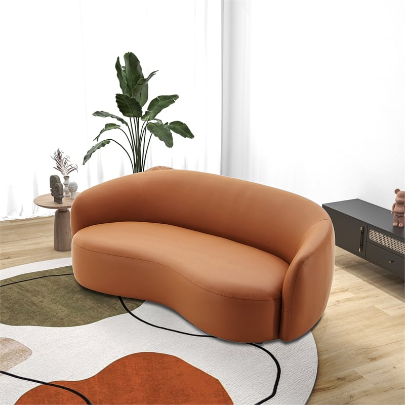 Pemberly Row Mid-Century Living Room Soft Leather Curvy Sofa in Cognac Tan