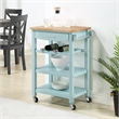 Pemberly Row 4-Tier Butcher Block Kitchen Cart w/ Drawer & Wine Rack - Blue Wood