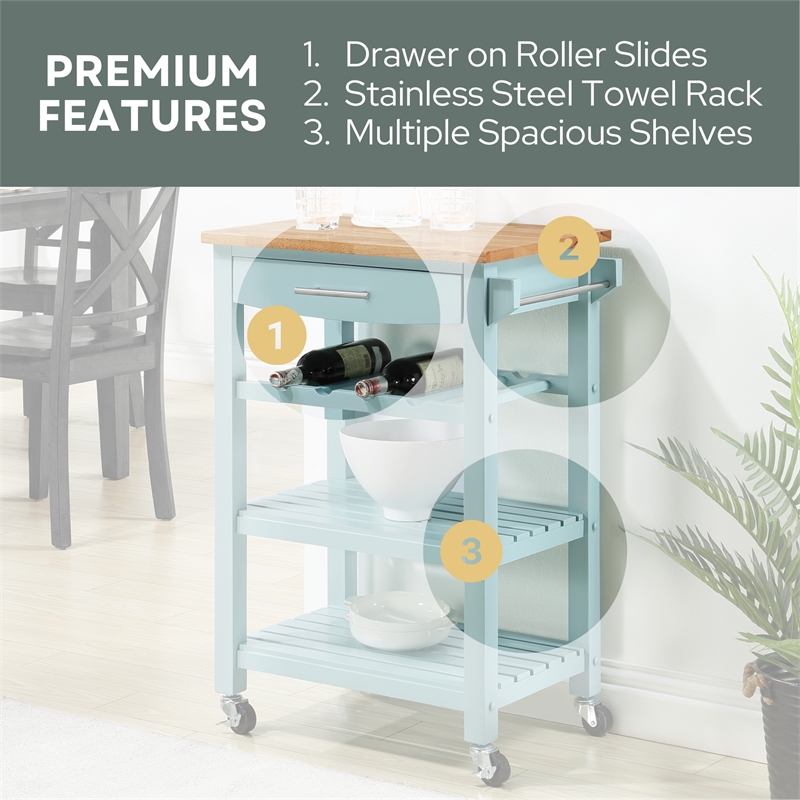 Pemberly Row 4-Tier Butcher Block Kitchen Cart w/ Drawer & Wine Rack - Blue Wood